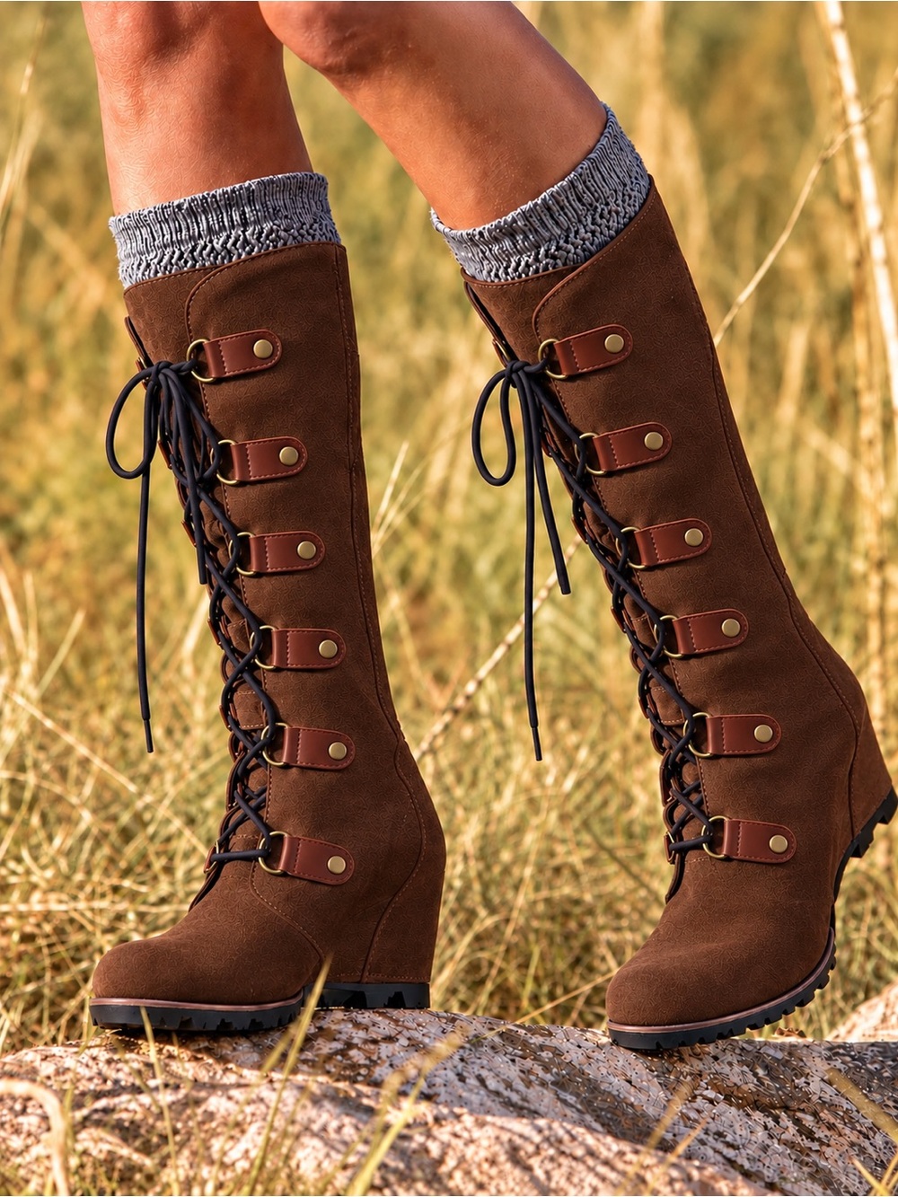 Sorel Joan of Arctic Waterproof Knee High Lace Up Wedge Boots Brown 6.5